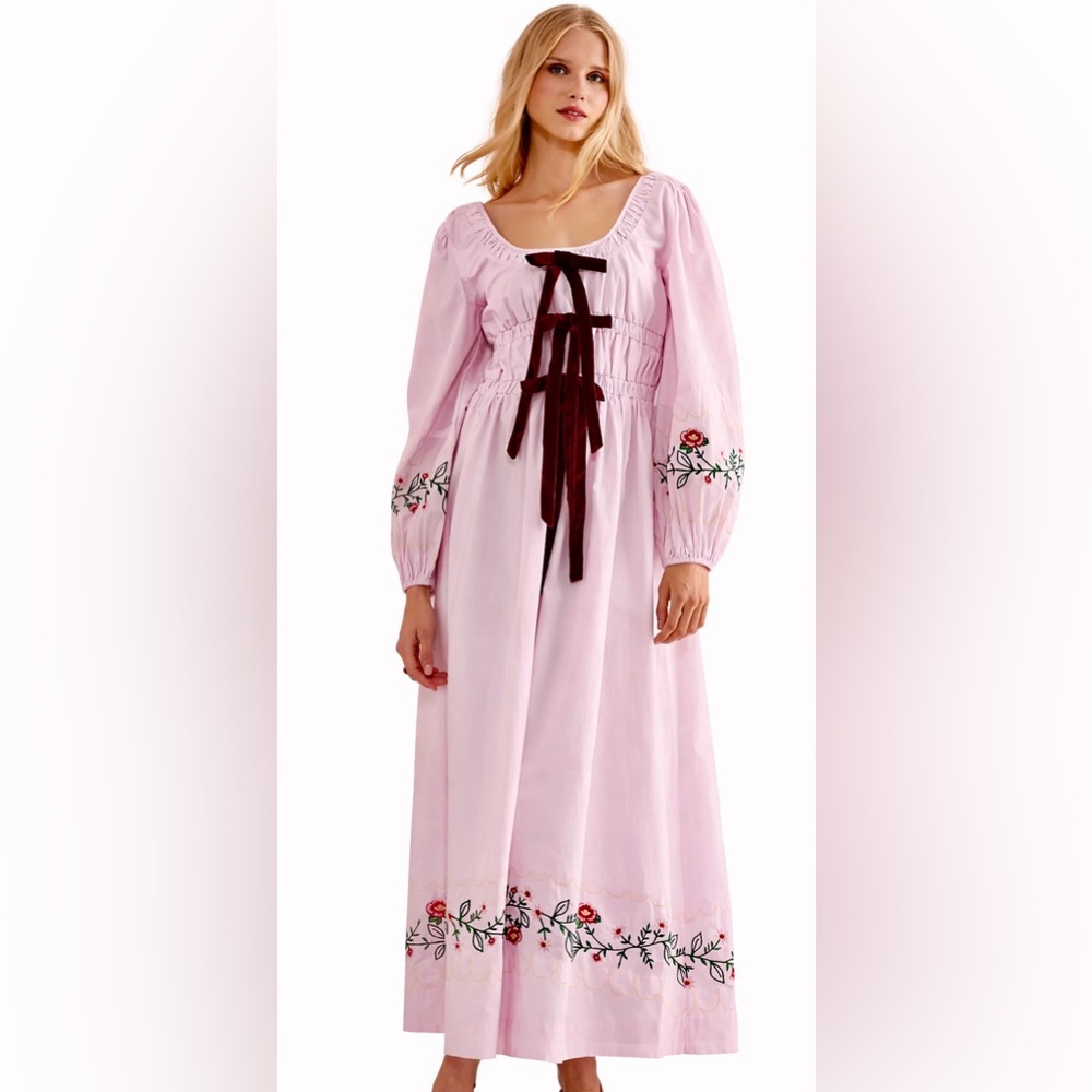 Damson‎ Madder Pink Embroidered Prairie Cottagecore Milkmaid Midi Dress Size 12